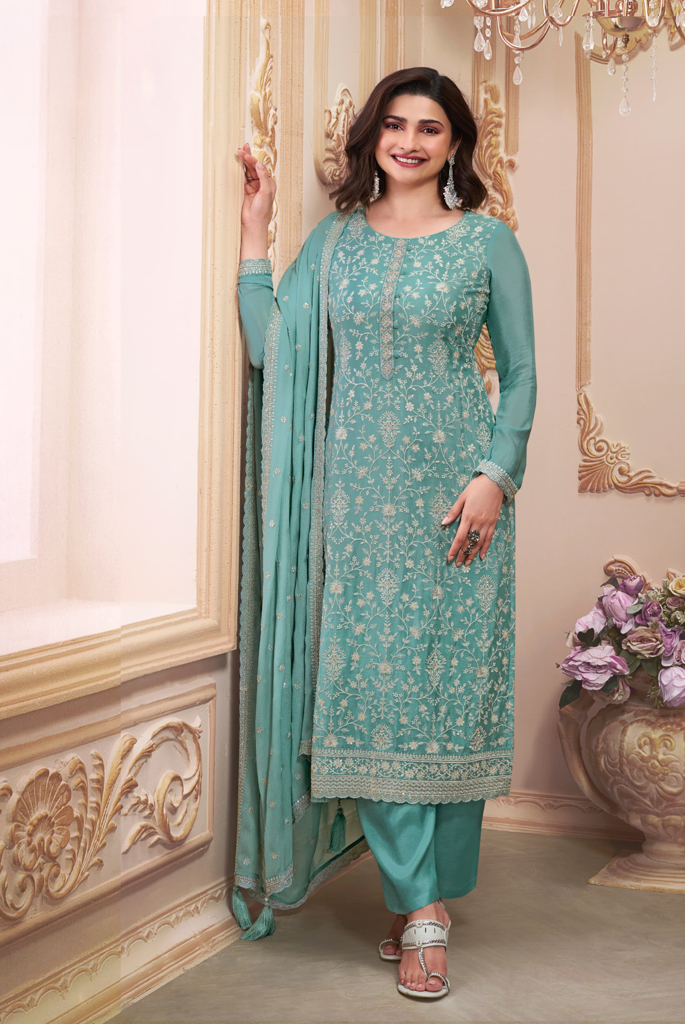 Yoke Design Silk Blend Straight Suit With Dupatta