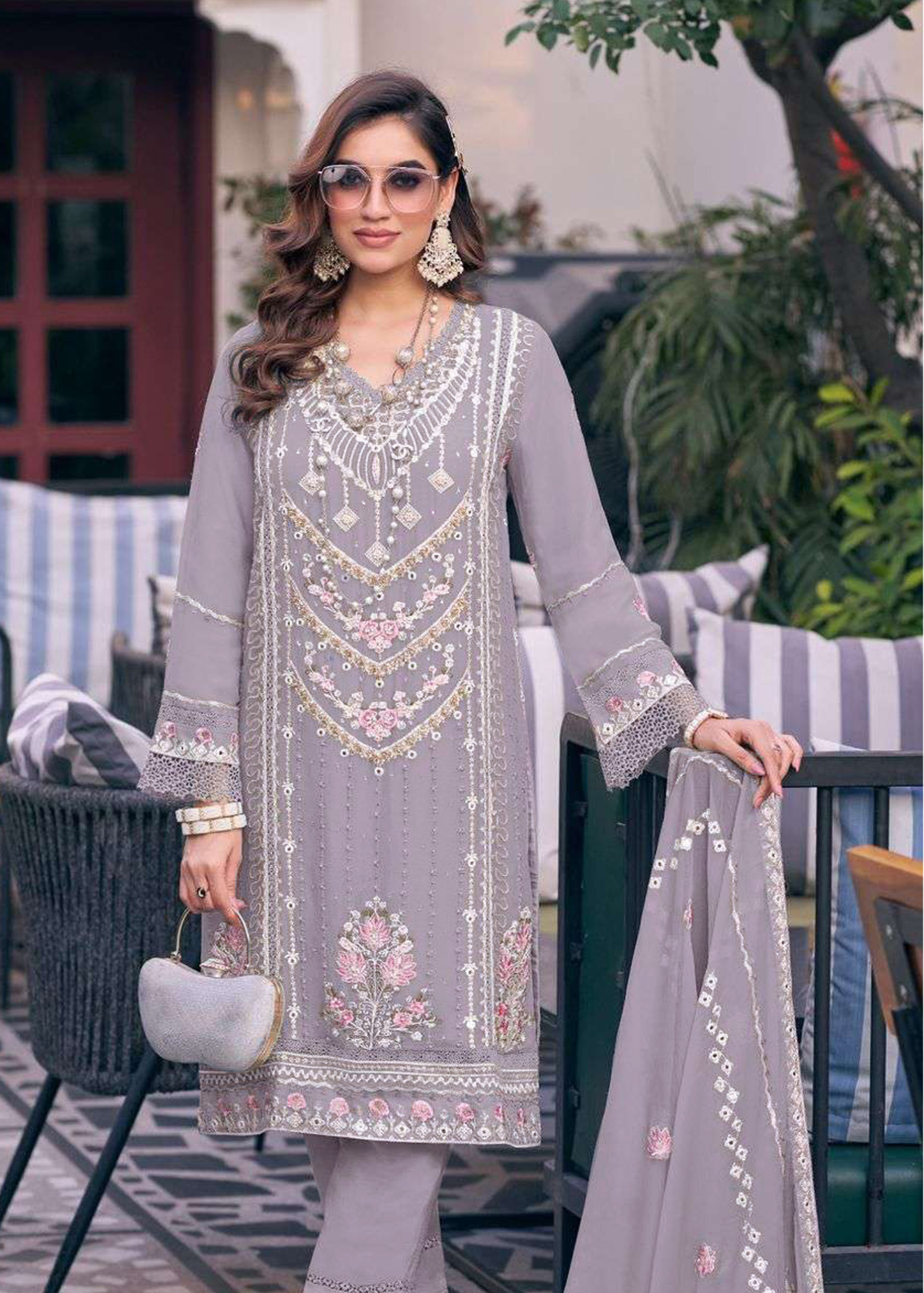 Floral Embroidered Sequinned Straight Kurta with Trousers & Dupatta