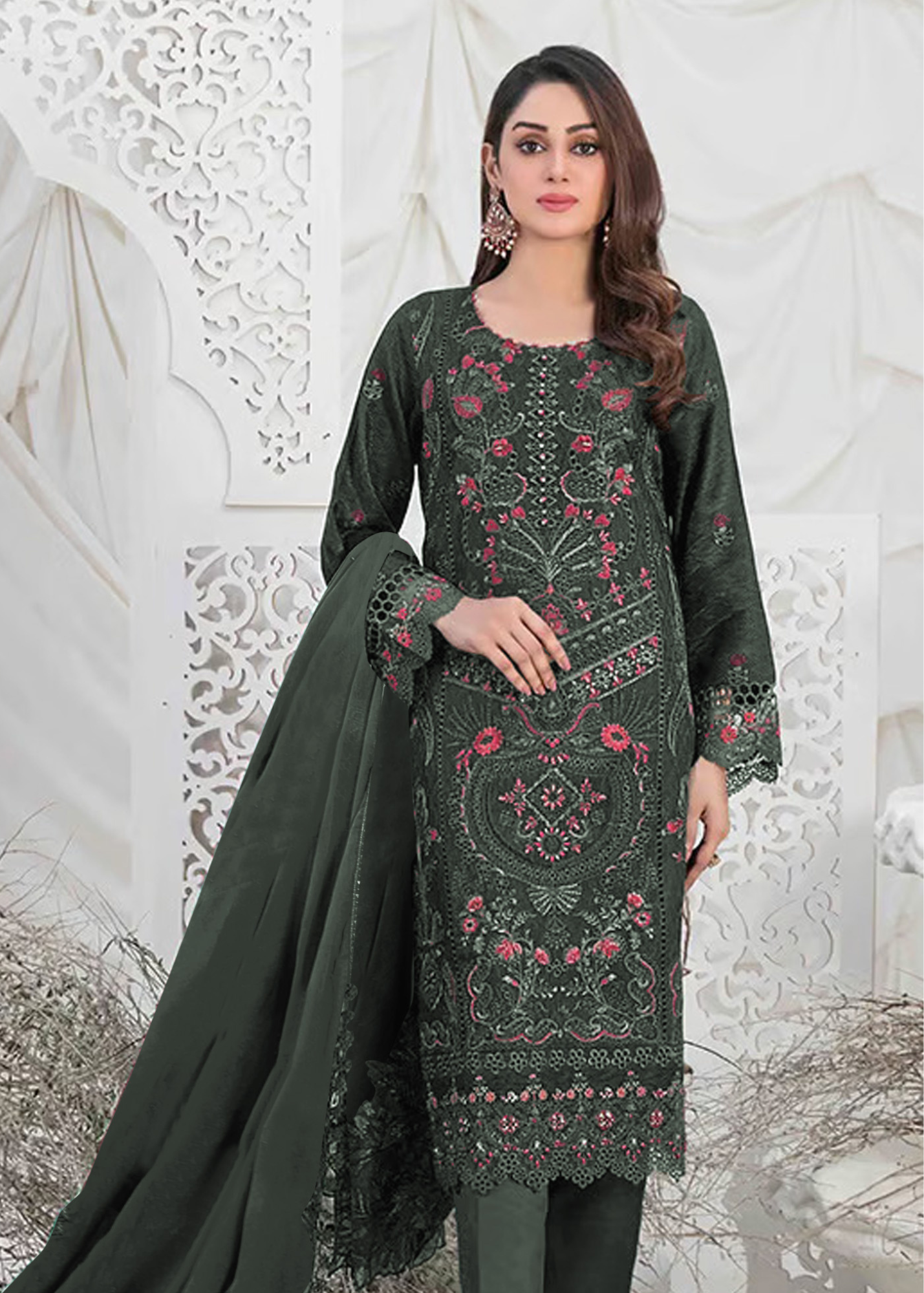 faux georgette with multi thread embroidery Straight Kurta With Trousers & Dupatta