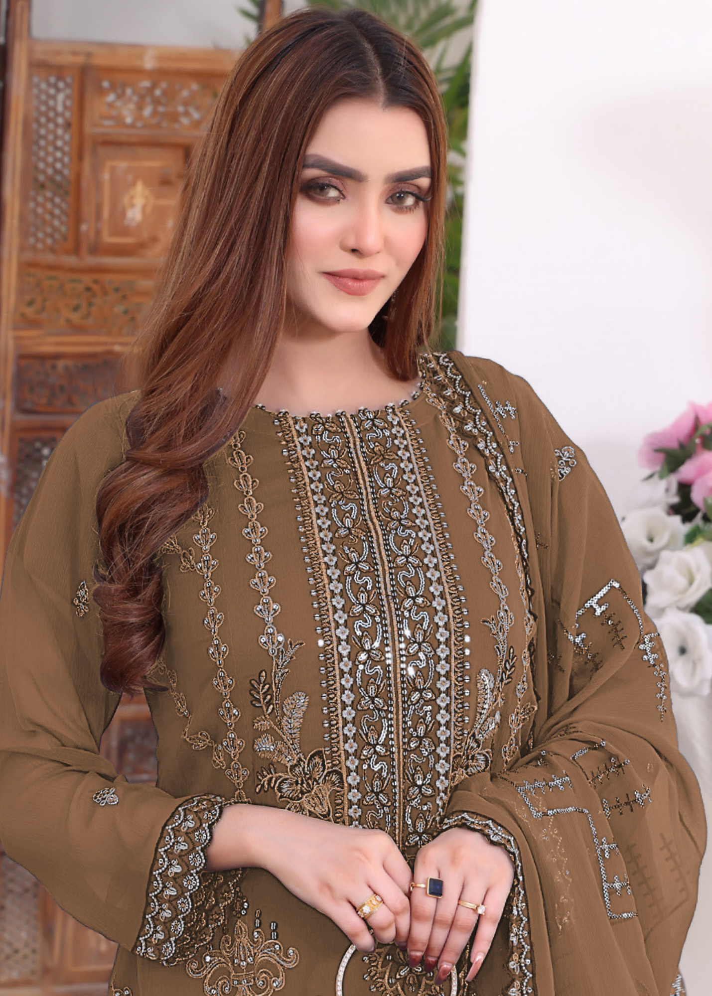 Heavy faux Georgette with multi thread embroidery stitch and work