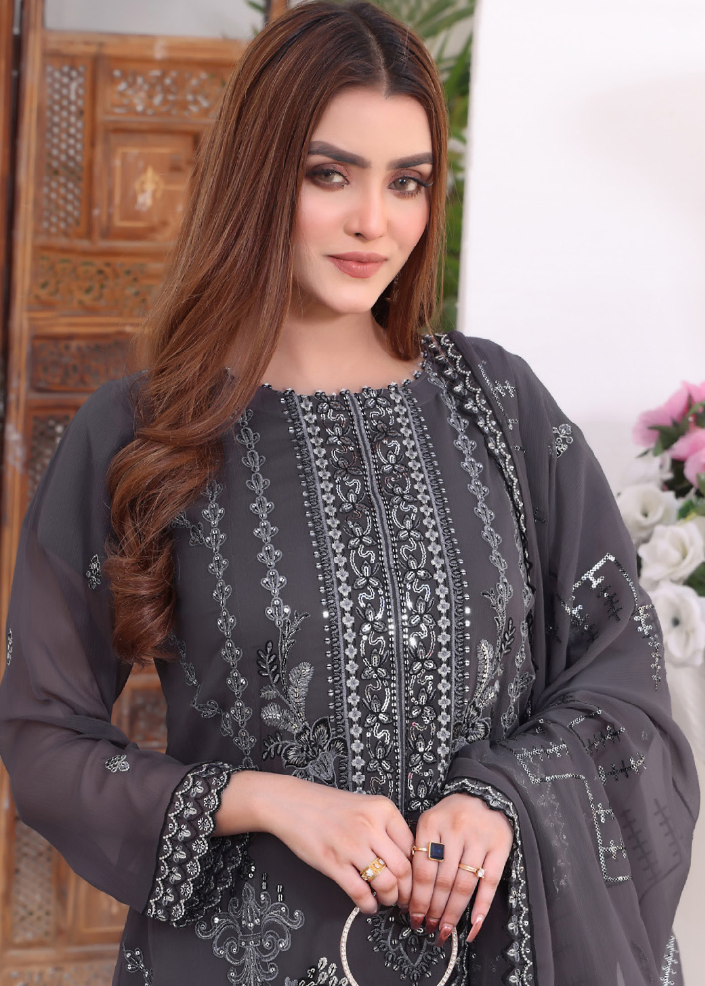 Heavy faux Georgette with multi thread embroidery stitch and work