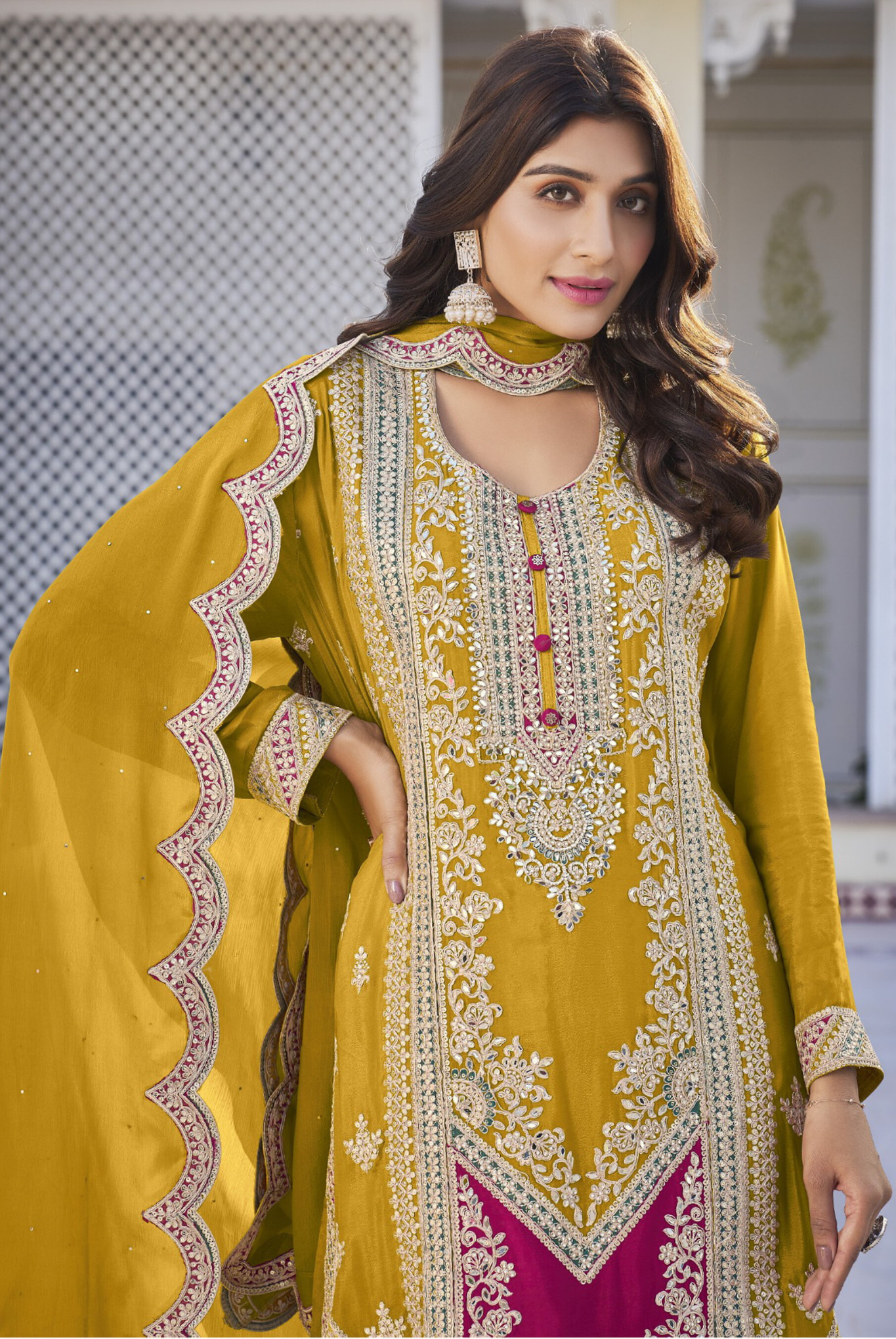 Pure Chinon Yellow Wedding Wear Embroidery Work Readymade Palazzo Suit