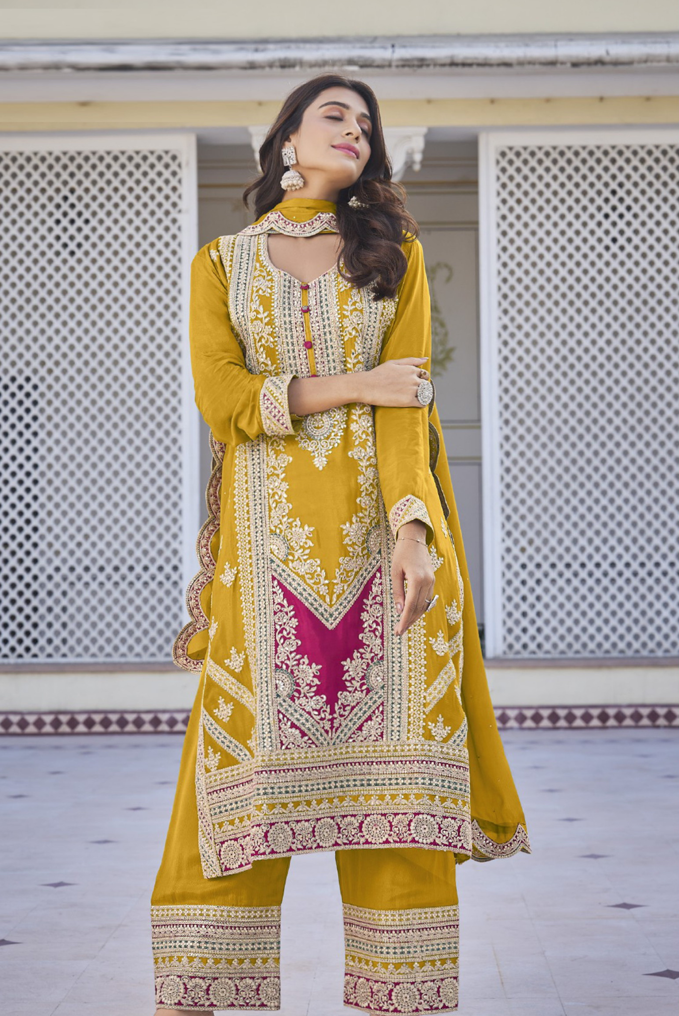 Pure Chinon Yellow Wedding Wear Embroidery Work Readymade Palazzo Suit