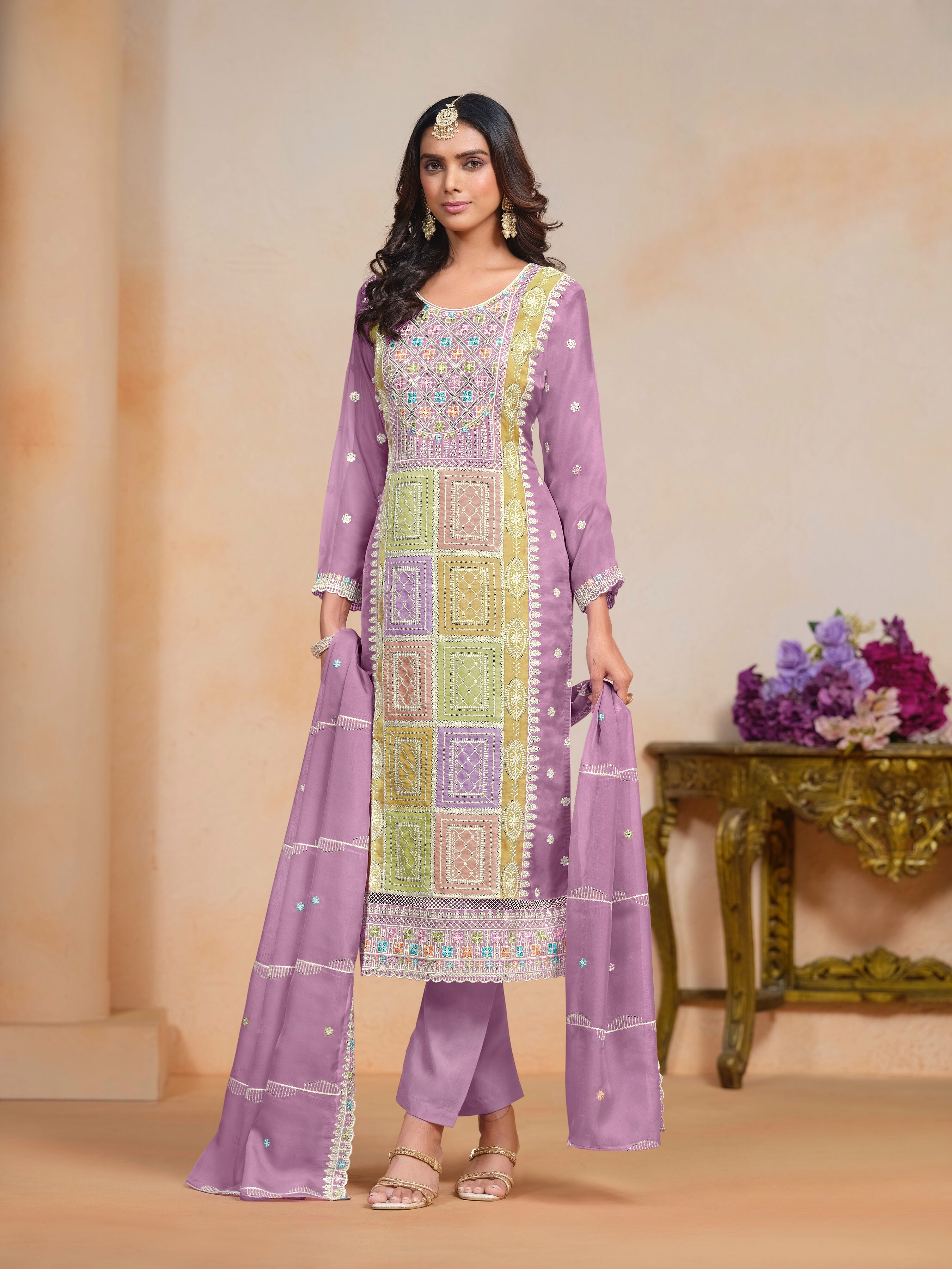 Luxurious Organza Embroidered Suit with Sequins and Silk Bottom