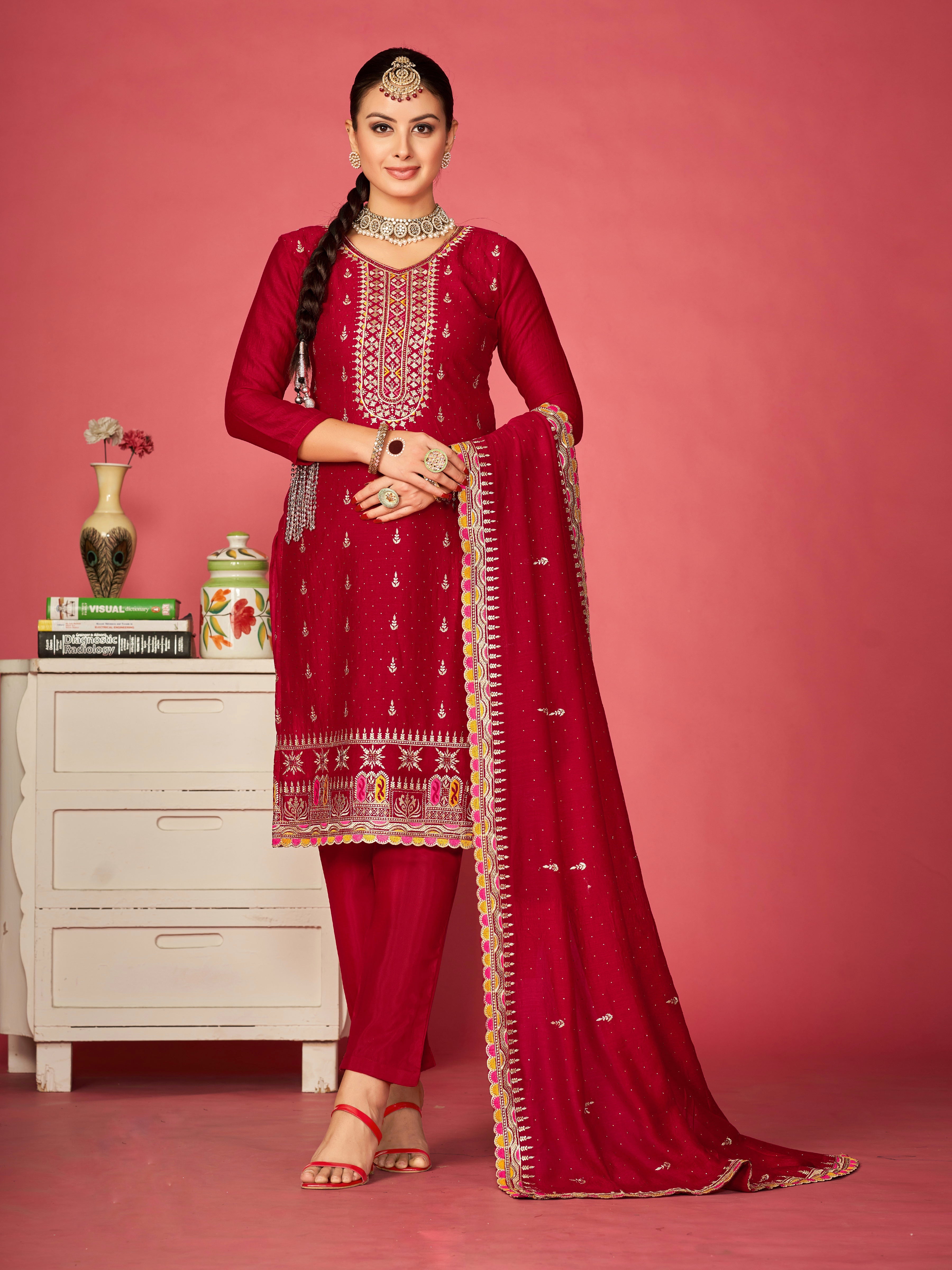 Luxurious Blooming Vichitra Embroidered Ensemble with Diamond Accents