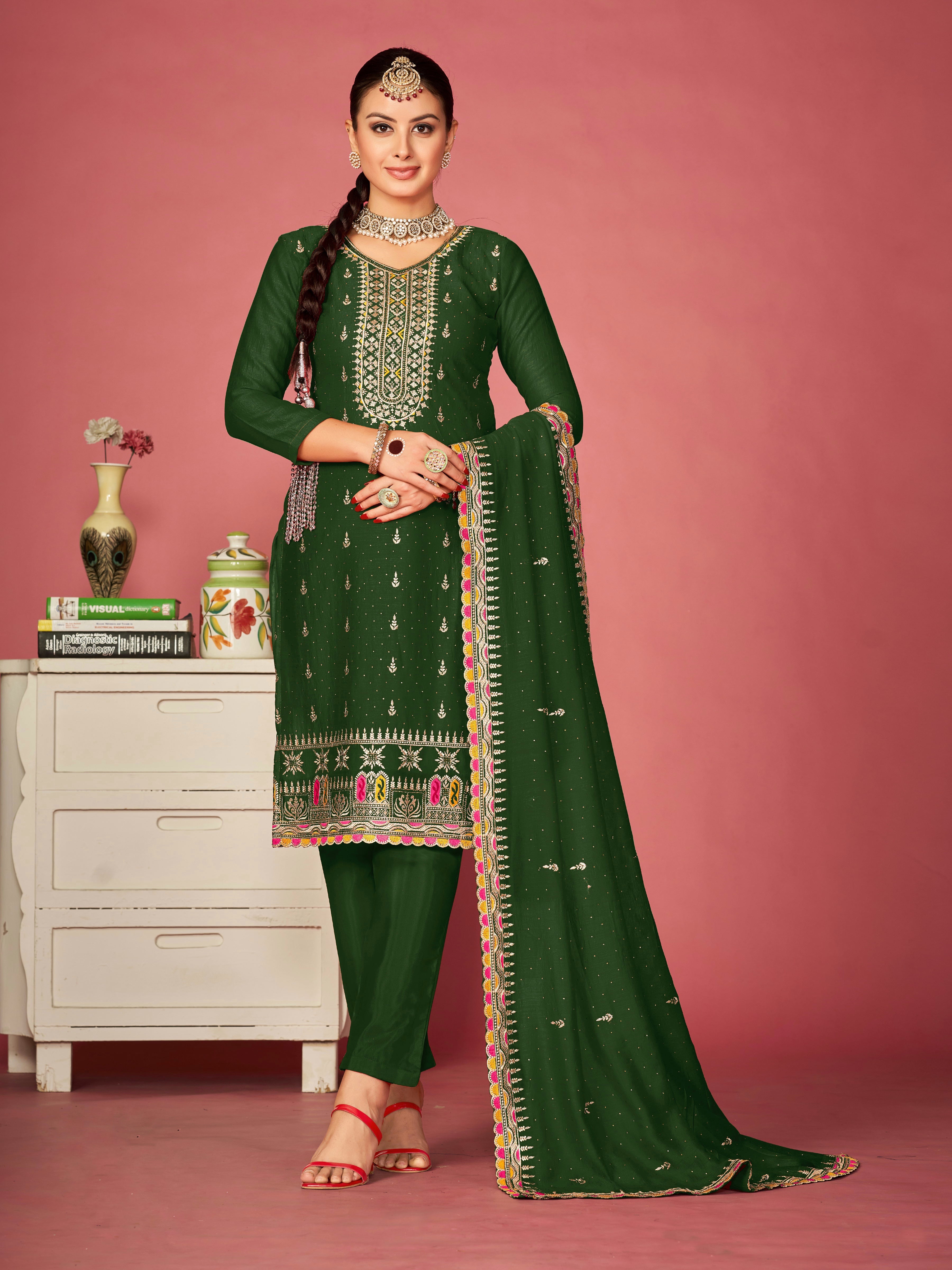 Luxurious Blooming Vichitra Embroidered Ensemble with Diamond Accents