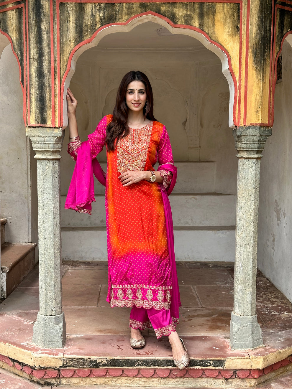 Graceful Chinon Print Embroidered Kurta Set