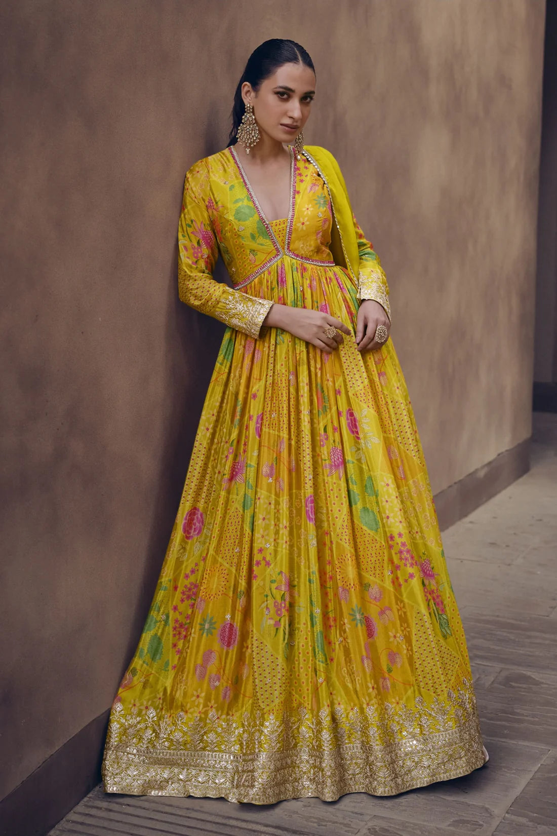 Elegant Yellow Georgette Anarkali Gown with Floral Print & Embroidered Detailing