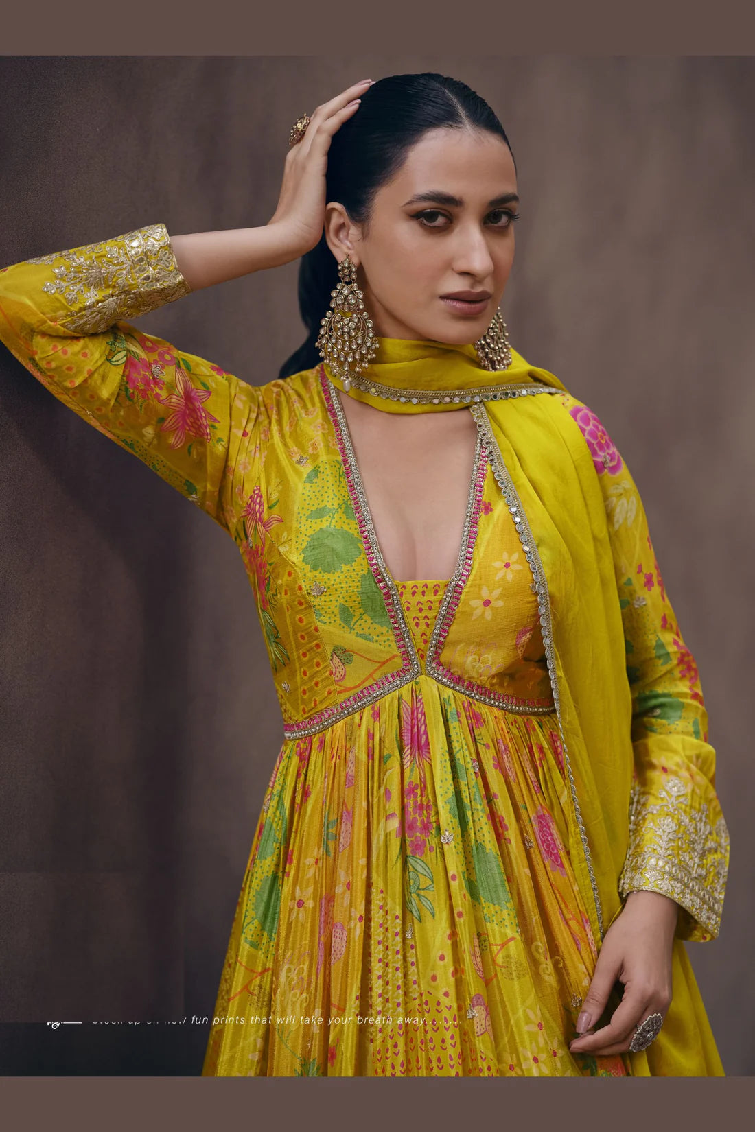 Elegant Yellow Georgette Anarkali Gown with Floral Print & Embroidered Detailing