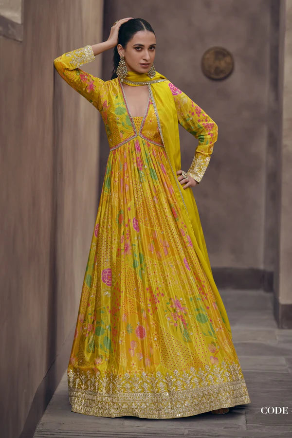 Elegant Yellow Georgette Anarkali Gown with Floral Print & Embroidered Detailing