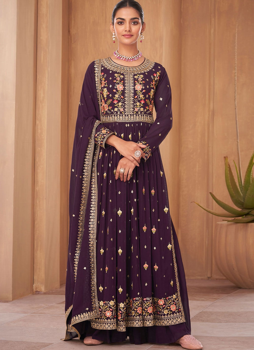 Festive-Ready Purple Georgette Palazzo Suit